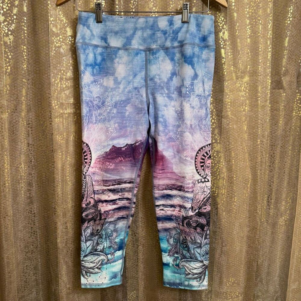 Evolution & Creation Yoga Cropped Leggings Buddha Zen Lotus Flower Large